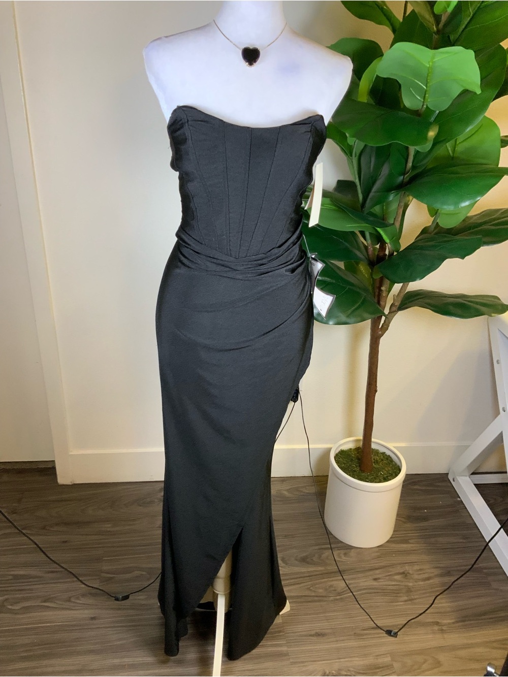 Strapless Black Formal Gown with Draped Waist